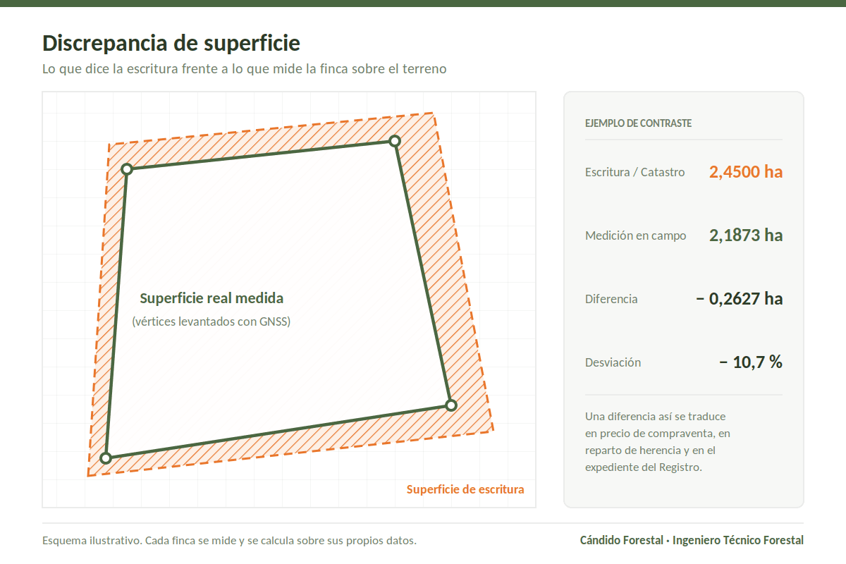 Esquema técnico que compara la superficie de escritura de una finca con la superficie real medida con GNSS