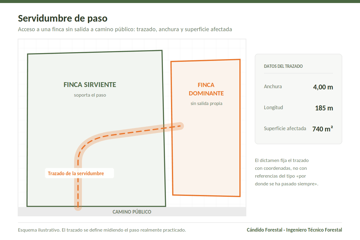 Esquema de una servidumbre de paso entre finca sirviente y finca dominante con anchura y superficie afectada